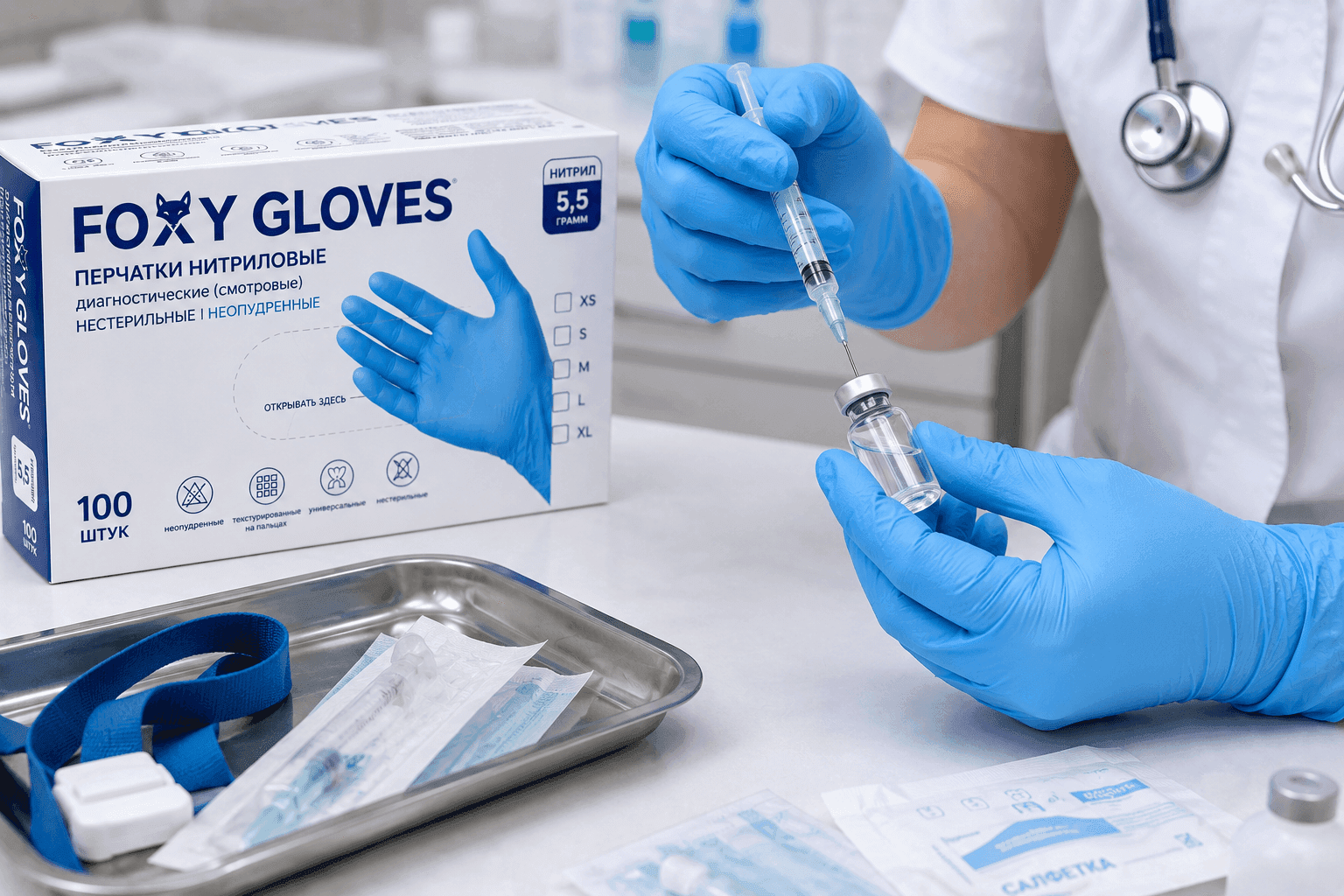 Перчатки нитриловые смотровые Foxy Gloves неопудренные. 3,5гр. Размеры: XL, S, M, L.. Голубые. — фото 1